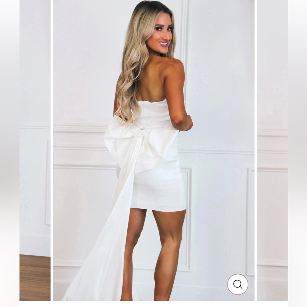 White Strapless Bridal Mini Dress with Detachable Bow & Train - Medium